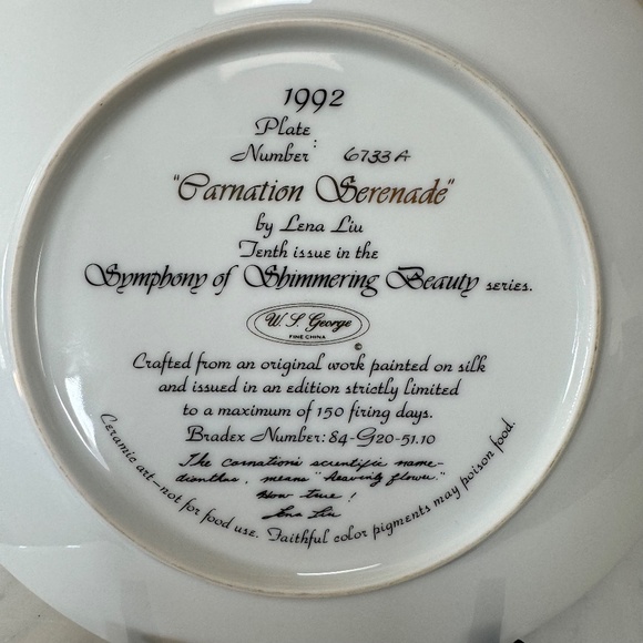 Carnation Serenade by Lena Liu Symphony of Shimmering Beauty 1992 Plate # 6733A - Picture 4 of 10